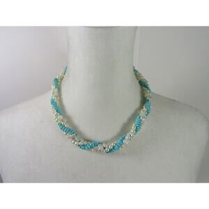 Turquoise White Bead Choker Necklace 19" Boho Cottage Whimsical Twist Barrel